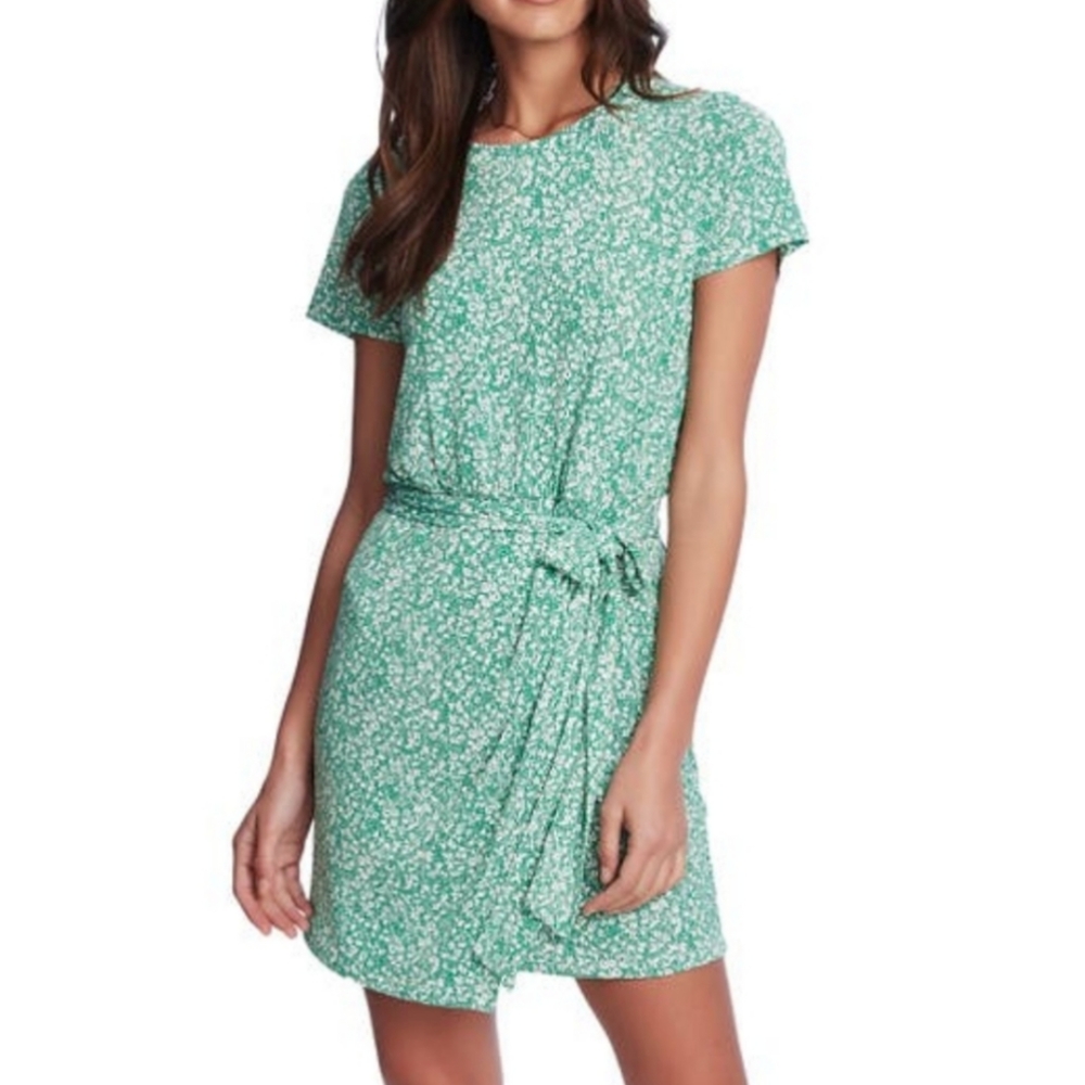 1.State Emerald Green Floral Print Tie Waist Faux Wrap Sun Dress